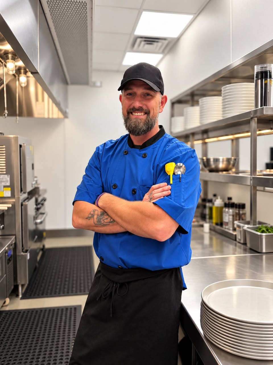 Brian in a blue chef coat, standing in the Ralphie's kitchen.