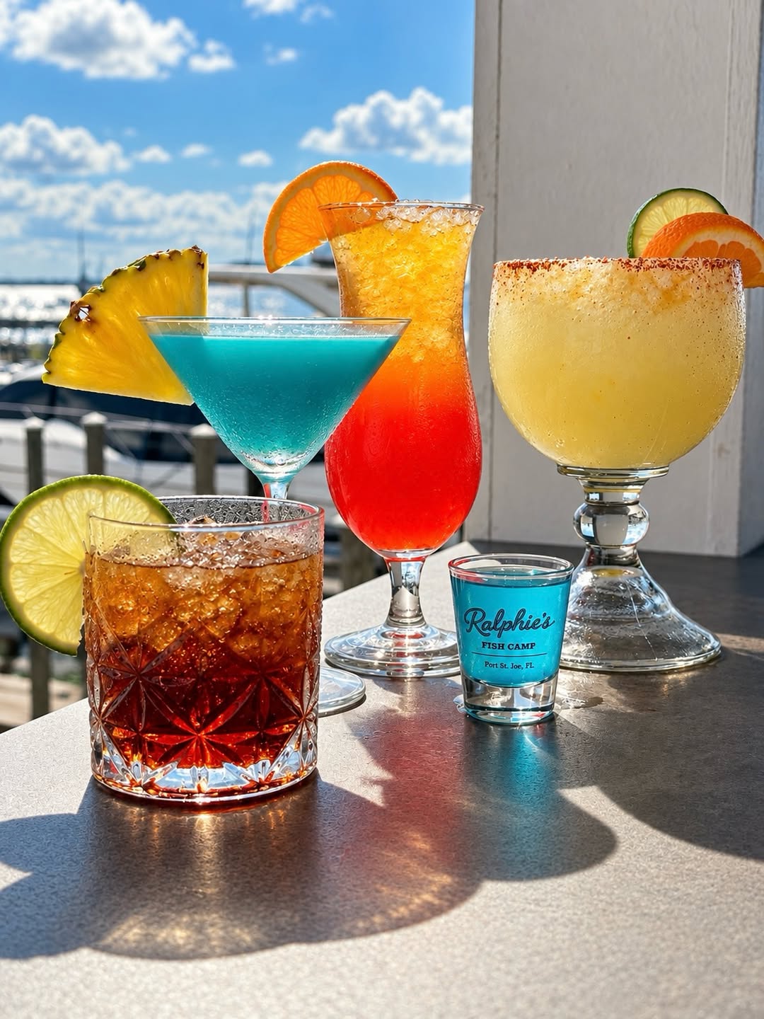 Colorful handcrafted cocktails on a table overlooking the marina, with a Ralphie's Fish Camp shot glass.