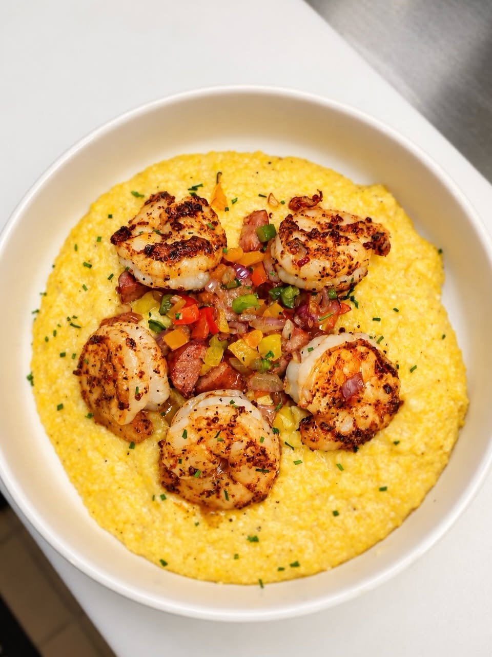 Seared shrimp over yellow grits with peppers, onion, and sausage.